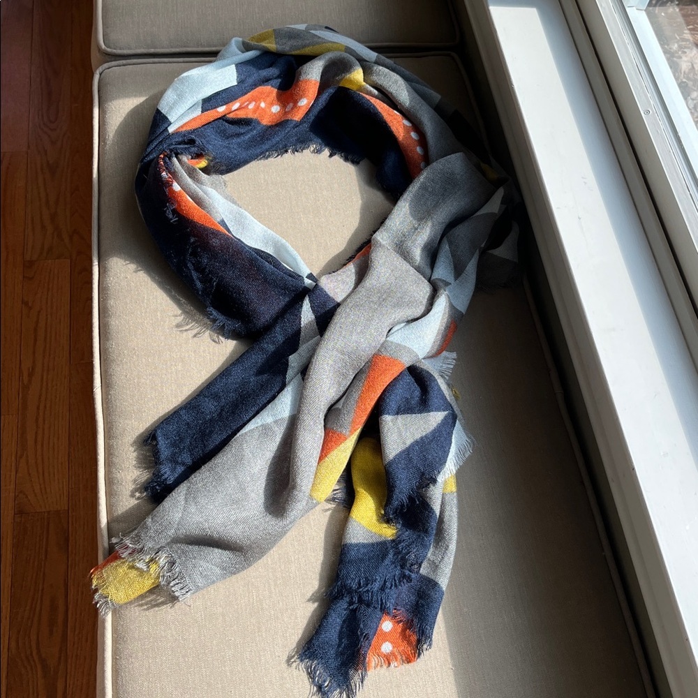 Geometric Pattern Scarf Wrap in Navy, Gray, Yellow & Orange NEW - Picture 2 of 7